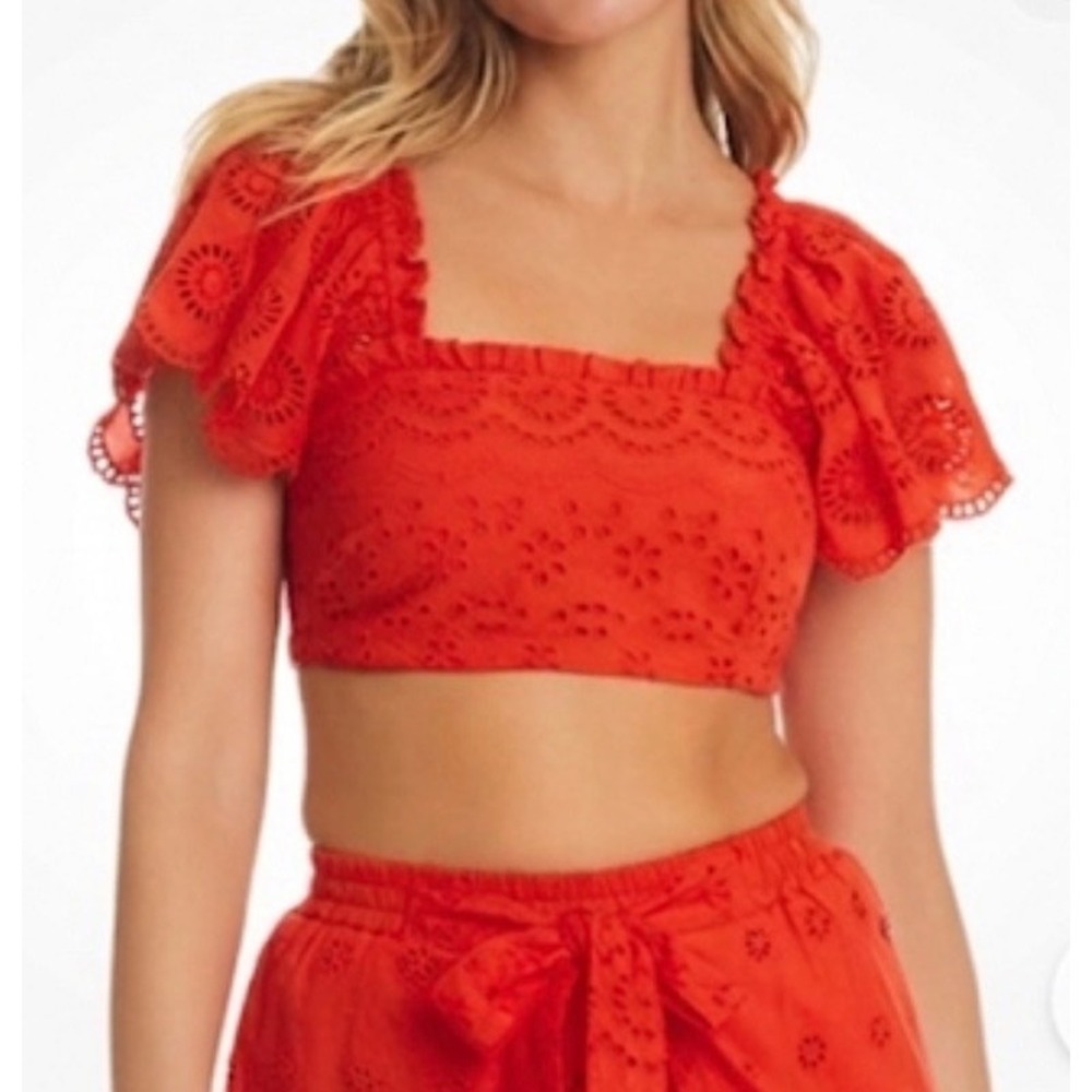 Red Carter Eyelet Crop Top Orange‎ Red Flutter Sleeve Smocked Back Large NWT